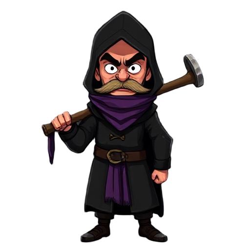man in excellent physical shape, black medieval clothing with discreet details, hood lowered behind the head, purple cloth suspended below the face (used to cover the mouth), carrying a flail with an evil expression, mustache and poorly trimmed beard, dar