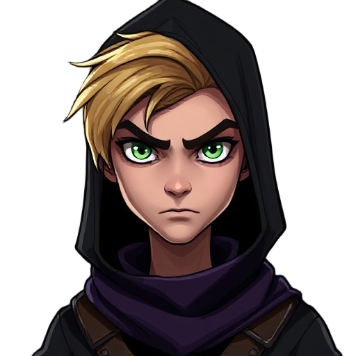 dark cartoon-style 2d digital art with defined features and dark colors, depicting a young blond man with a thin face and a slightly evil expression, intense green eyes, wearing black medieval clothing resembling an assassin, with a hood over his head and
