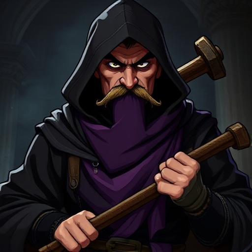 man in excellent physical shape, black medieval clothing with discreet details, hood lowered behind the head, purple cloth suspended below the face (used to cover the mouth), carrying a flail with an evil expression, mustache and poorly trimmed beard, dar