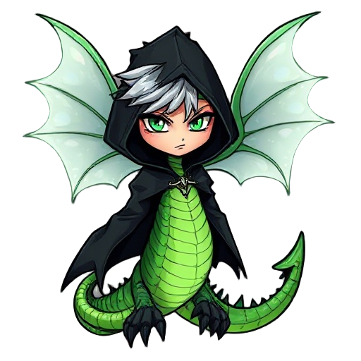 mystical fairy-serpent: translucent wings with pearly glow, enigmatic eyes, serious expression, silver hair, body of bright green scales, spiked tail and black claws. dark cartoon style with thick strokes, sharp lines, and dramatic shading, like an illust