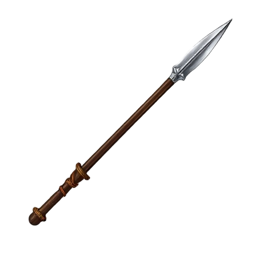elegant medieval spear with firm dark wooden handle, sharp and shiny metal tip, leather details wrapped around the handle, realistic style, neutral background