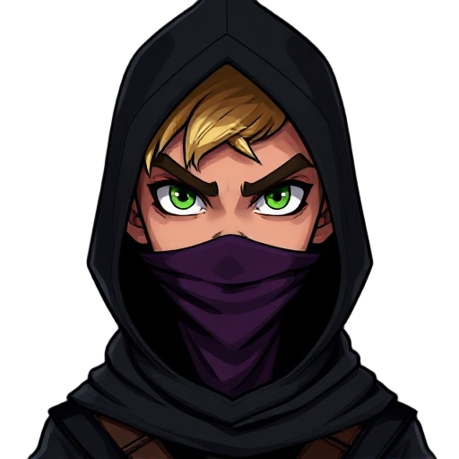 dark cartoon-style 2d digital art with defined features and dark colors, depicting a young blond man with a thin face and a slightly evil expression, intense green eyes, wearing black medieval clothing resembling an assassin, with a hood over his head and