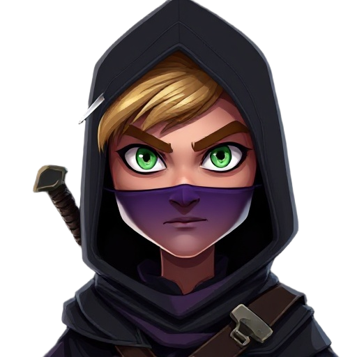 dark cartoon-style 2d digital art with defined features and dark colors, depicting a young blond man with a thin face and a slightly evil expression, intense green eyes, wearing black medieval clothing resembling an assassin, with a hood over his head and