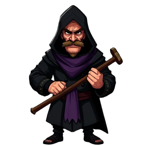man in excellent physical shape, black medieval clothing with discreet details, hood lowered behind the head, purple cloth suspended below the face (used to cover the mouth), carrying a flail with an evil expression, mustache and poorly trimmed beard, dar