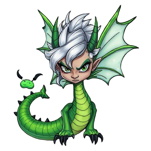 mystical fairy-serpent with translucent wings, silver hair, bright green scales, spiked tail, and black claws. dark, semi-realistic cartoon style with sharp lines, dramatic shading, and a serious, intense expression.
