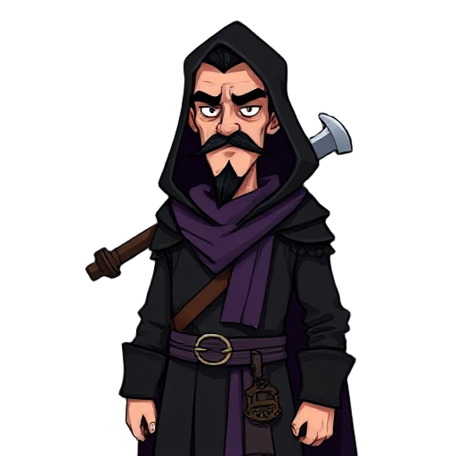 tall man (1.80 m), in excellent physical shape, thin and pale face, thin black mustache and unkempt beard, wearing black medieval clothes with discreet details, hood lowered behind the head, purple cloth lowered (used to cover the mouth), carrying a mace,