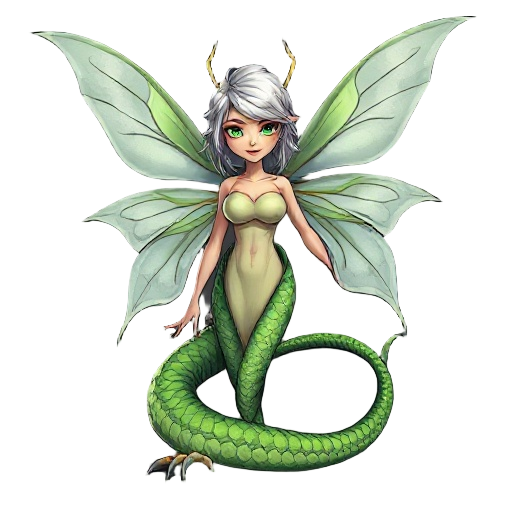 hybrid woman, upper half adult fairy with human body, fair skin, translucent wings, and silver hair; lower half serpent with bright green scales, long tail, and sharp claws. realistic proportions, dark detailed cartoon style.