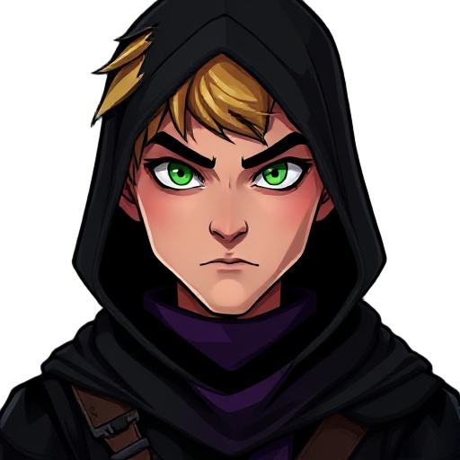 dark cartoon-style 2d digital art with defined features and dark colors, depicting a young blond man with a thin face and a slightly evil expression, intense green eyes, wearing black medieval clothing resembling an assassin, with a hood over his head and