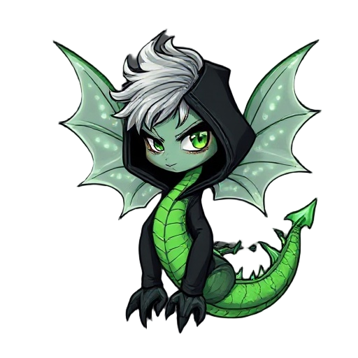 mystical fairy-serpent: translucent wings with pearly glow, enigmatic eyes, serious expression, silver hair, body of bright green scales, spiked tail and black claws. dark cartoon style with thick strokes, sharp lines, and dramatic shading, like an illust
