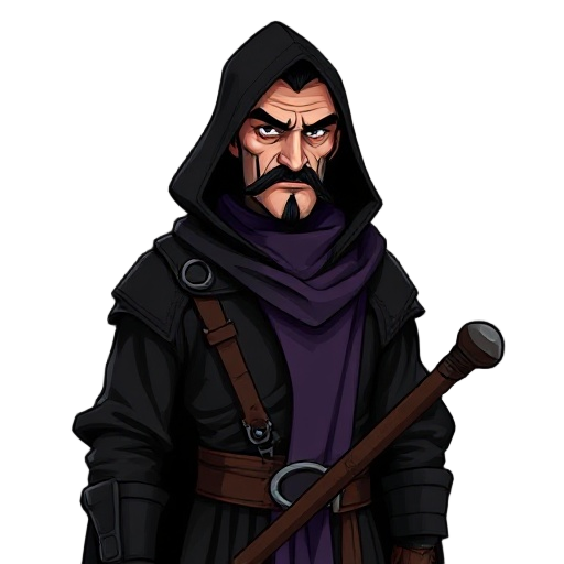 tall man (1.80 m), in excellent physical shape, thin and pale face, thin black mustache and unkempt beard, wearing black medieval clothes with discreet details, hood lowered behind the head, purple cloth lowered (used to cover the mouth), carrying a mace,