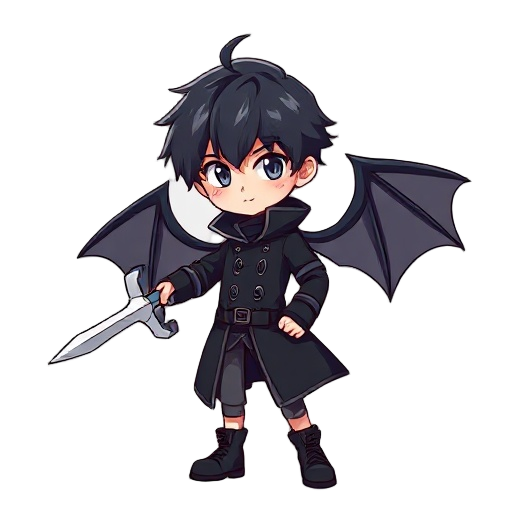 a boy wearing black coat with black hair, with bat wings and using a sword with two blades thats looks like a airplane propeller with sharp edges