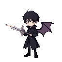 a boy wearing black coat with black hair, with bat wings and using a sword with two blades thats looks like a airplane propeller with sharp edges