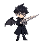 a boy wearing black coat with black hair, with bat wings and using a sword with two blades thats looks like a airplane propeller with sharp edges