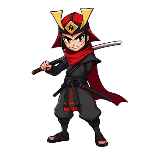 crea un personaje un samurai con ropa bboy breakdance que lleva una katana en la espalda ropa rojo y negro 