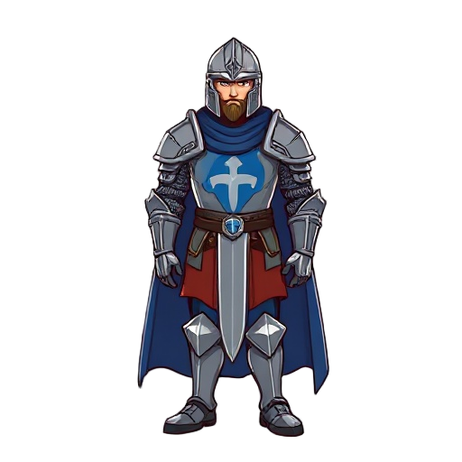 human knight full plate armour with a blue tabard and a long cape