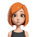 girl with thin eyes, orange hair in a bob and green eyes