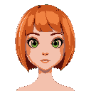 woman with thin eyes, orange hair with bangs a bob and green eyes