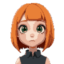girl with thin eyes, orange hair with bangs a bob and green eyes