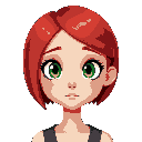 girl with thin eyes, red hair in a bob and green eyes