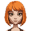 woman with thin eyes, orange hair with bangs a bob and green eyes