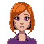 woman with orange hair with bangs and a bob, purple shirt, green eyes, freckles