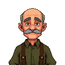 stardew valley bald old man, grey short moustache, olive green shirt brown suspenders