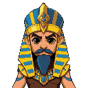 desert pharaoh with golden armour and gold and blue helmet