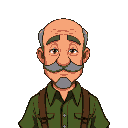stardew valley bald old man, grey short moustache, olive green shirt brown suspenders