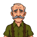stardew valley bald old man, grey short moustache, olive green shirt brown suspenders