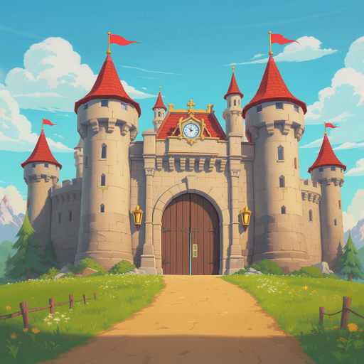 catle with a big front gate with a tower on each side behind the gate is a large palace with more defensive tower. in front of the castle is a field and a road that goes directly into the castle to the main gate