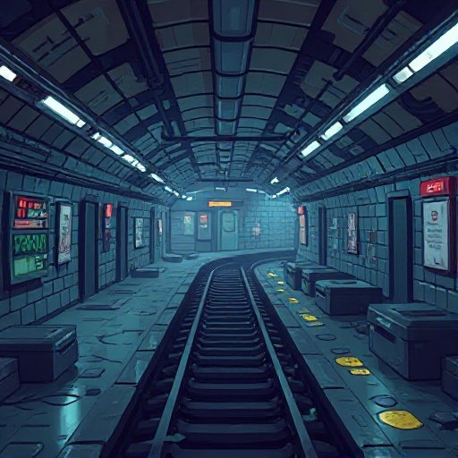 hey chat can you give me a not so far future nyc where is a cyberpunky but still not there yet and the scene / background is in the old subway stations tunnels that were abendad but 2d pixel platform game  