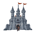 can you please desing a castle with towers from a 2d view profile  pixel and has smaller soldier defending it on the walls and infront of it there is a field 