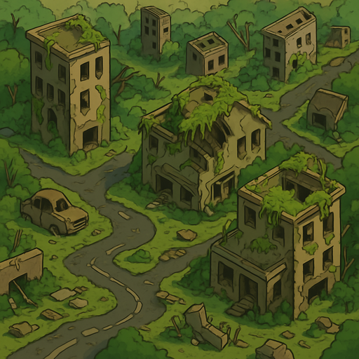 post apocalypse world top view on a destroyed city overgrown with vegetation 