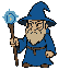 wizard in a blue rope and pointy hat holding a magical staff with a blur crystal ready to shoot pixel