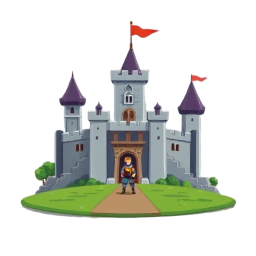 can you please desing a castle with towers from a 2d view pixel and has smaller soldier defending it on the walls and infront of it there is a field 