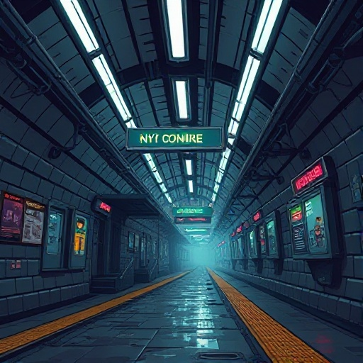 hey chat can you give me a not so far future nyc where is a cyberpunky but still not there yet and the scene / background is in the old subway stations tunnels that were abendad 