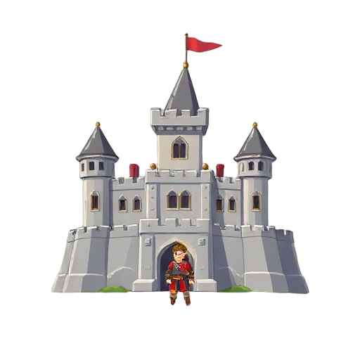 can you please desing a castle with towers from a 2d view profile  pixel and has smaller soldier defending it on the walls and infront of it there is a field 