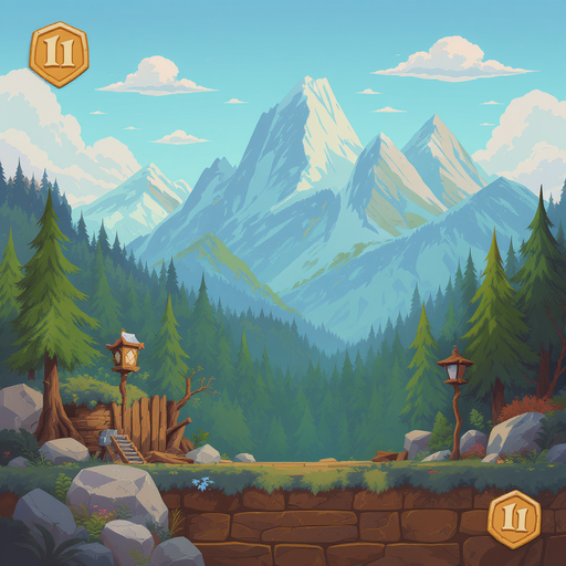 background mountains and forrest and infront a road (platform) medieval times style