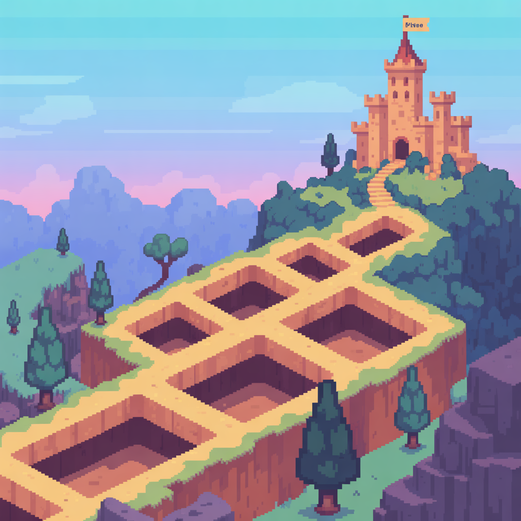 a medieval pixel world with a road going up and down only 90 degree angles  and toward a castle along the road there are empty slots for towe for defence to be build behind and around them trees , rocks, etc. 