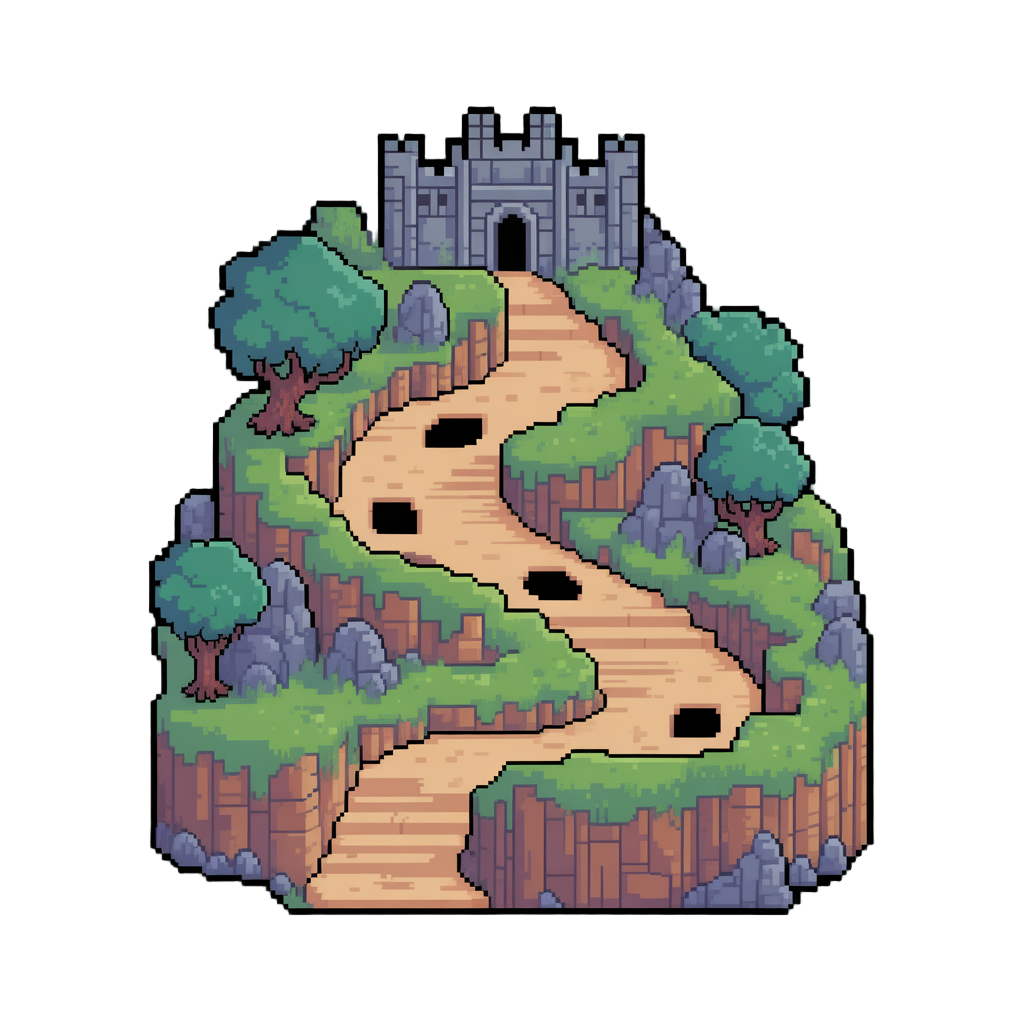 a medieval pixel world with a road going up and down only 90 degree angles  and toward a castle along the road there are empty slots for towe for defence to be build behind and around them trees , rocks, etc. 