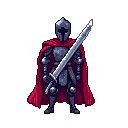 dark knight walking with sword, red cape, video game sprite