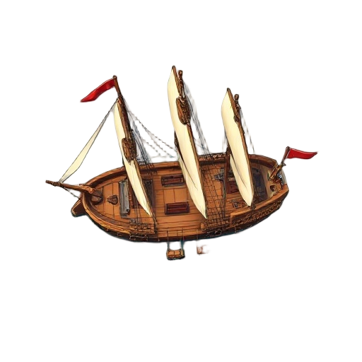 bird's-eye view of a 16th-century warship, richly detailed with sails, cannons, and wooden deck structures. the ship is shown at sea, with gentle waves and a subtle reflection on the water. rendered i