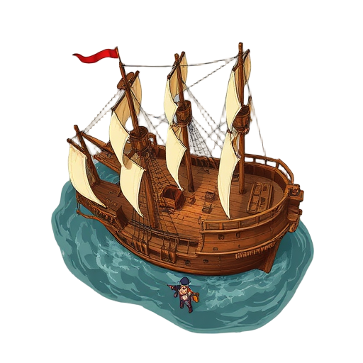 bird's-eye view of a 16th-century warship, richly detailed with sails, cannons, and wooden deck structures. the ship is shown at sea, with gentle waves and a subtle reflection on the water. rendered i