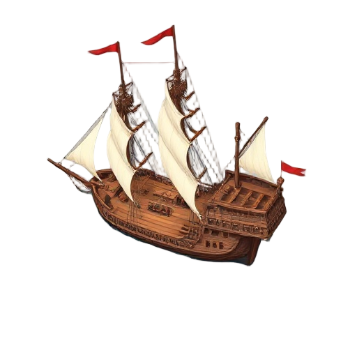 bird's-eye view of a 16th-century warship, richly detailed with sails, cannons, and wooden deck structures. the ship is shown at sea, with gentle waves and a subtle reflection on the water. rendered i