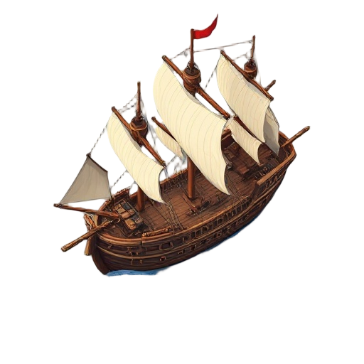 bird's-eye view of a 16th-century warship, richly detailed with sails, cannons, and wooden deck structures. the ship is shown at sea, with gentle waves and a subtle reflection on the water. rendered i