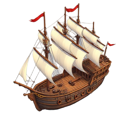 bird's-eye view of a 16th-century warship, richly detailed with sails, cannons, and wooden deck structures. the ship is shown at sea, with gentle waves and a subtle reflection on the water. rendered i
