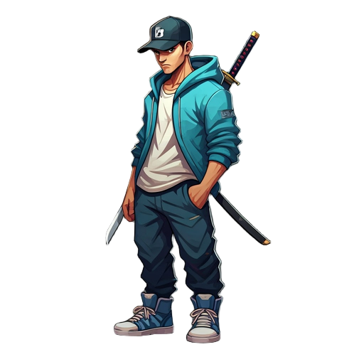 crea un personaje bboy breakdance pero lleva una katana en su espalda 