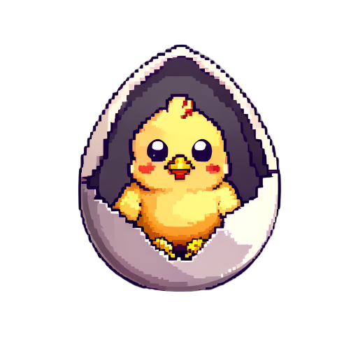 a cute pixel image of a virtual pet based on a little chicken inside a half eggshell