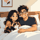 anime 6 foot 3 white with glasses boyfriend black hair and 5 foot 6 filipino girlfriend black hair in bed and tortoiseshell color cat happy 