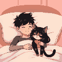 anime 6 foot 3 boyfriend black hair and 5 foot 6 chubbygirlfriend black hair in bed and tortoiseshell color cat happy 